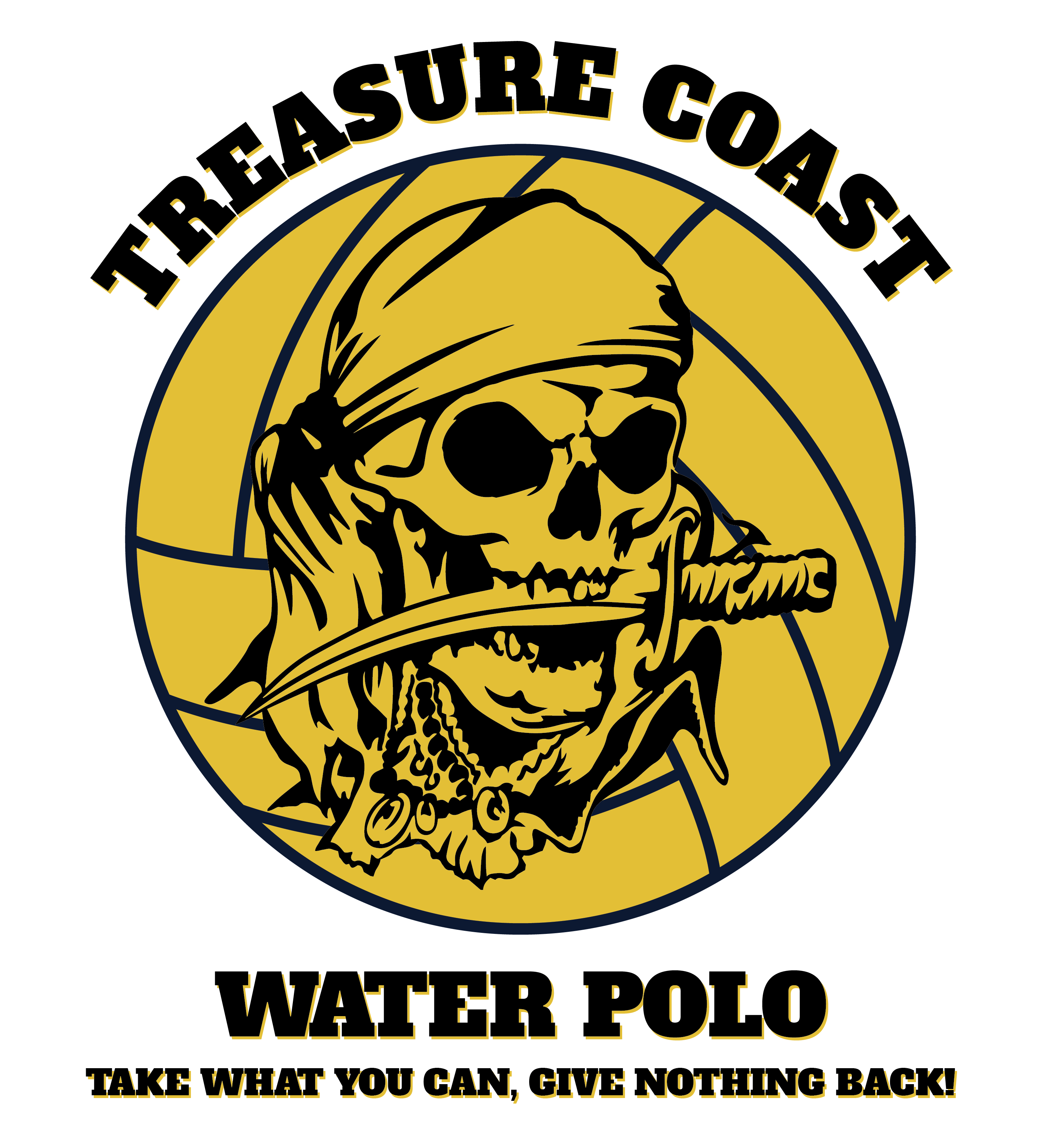 Treasure Coast Water Polo Club logo - pirate skull on a water polo ball, Take What You Can Give Nothing Back